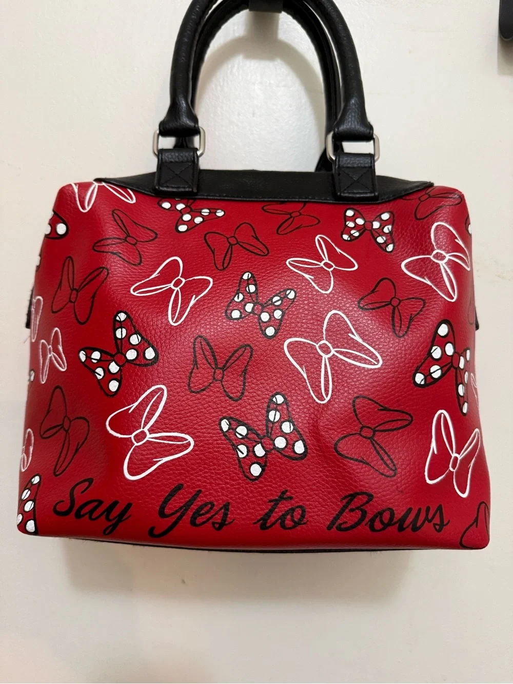 Disney Red Satchel with Black Handles and Bow Print